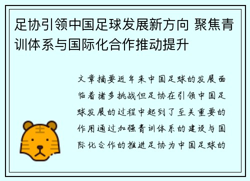足协引领中国足球发展新方向 聚焦青训体系与国际化合作推动提升