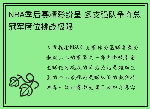 NBA季后赛精彩纷呈 多支强队争夺总冠军席位挑战极限
