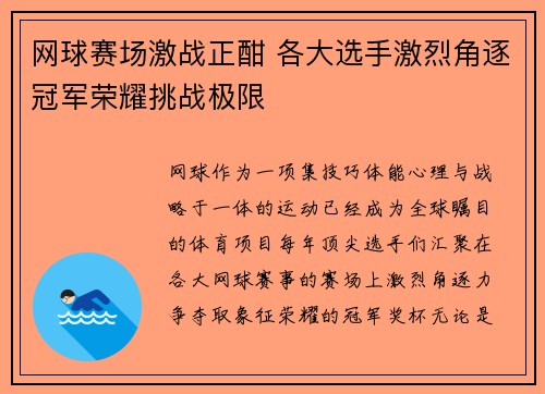 网球赛场激战正酣 各大选手激烈角逐冠军荣耀挑战极限