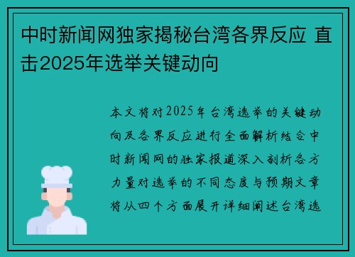 中时新闻网独家揭秘台湾各界反应 直击2025年选举关键动向